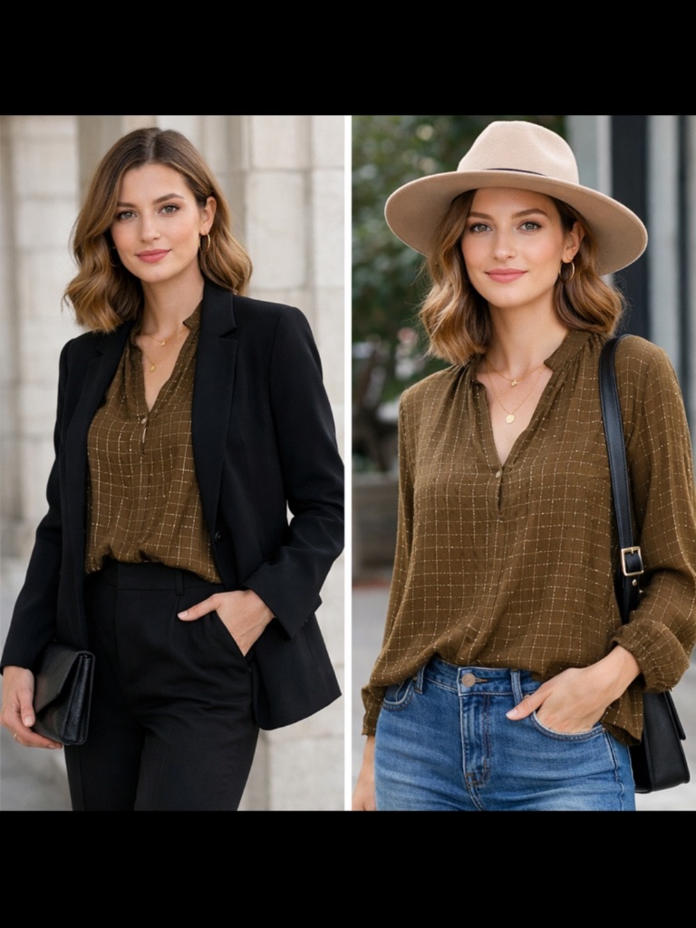 Apiece Apart blouse V neck khaki base metallic gold thread grid pattern Size 2?